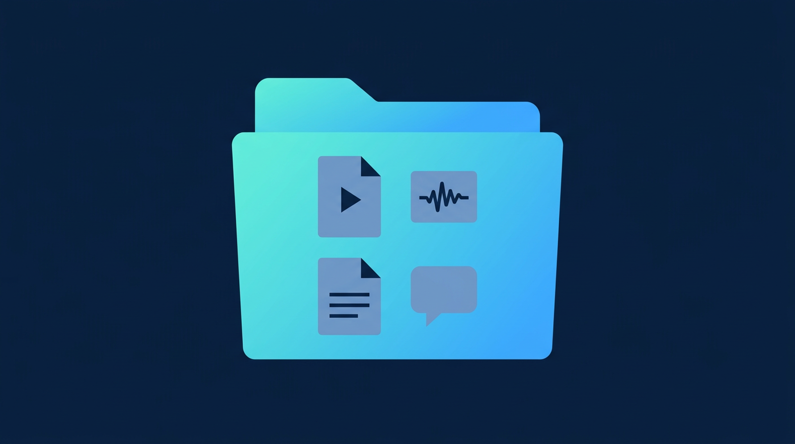 An open Drive folder containing four file icons: video, audio, transcript, and chat log