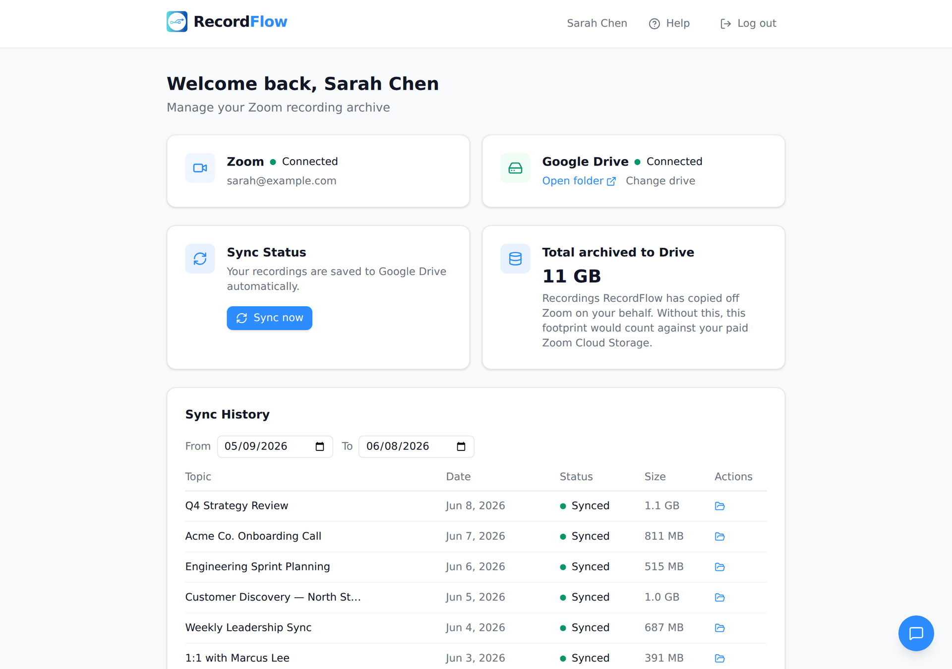 RecordFlow dashboard showing Zoom and Google Drive connected and a sync history of recent meetings already archived to Drive.